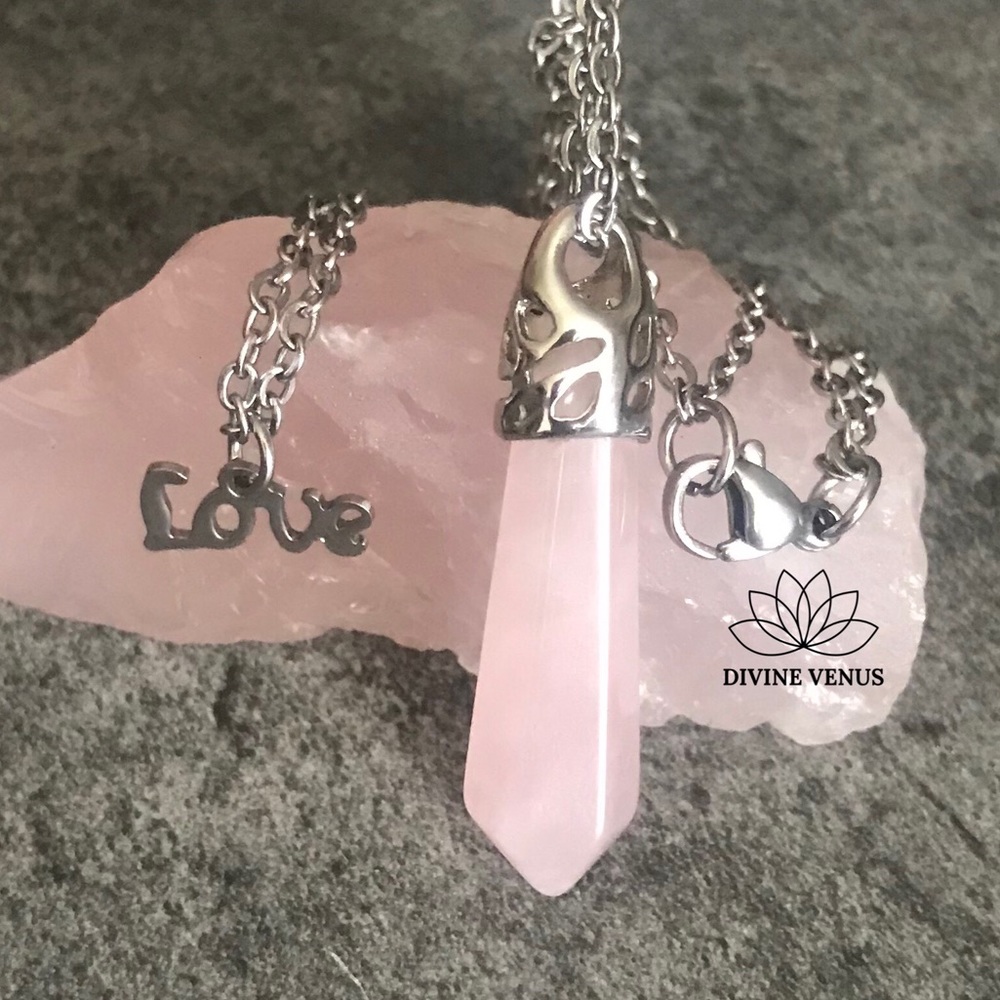 Rose Quartz Love Pendent Stainless Steel Necklace - Picture 5 of 8